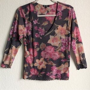 Therapy Vintage Y2K 3/4 Sleeve Sheer Mesh Lettuce Hem Top Large Floral